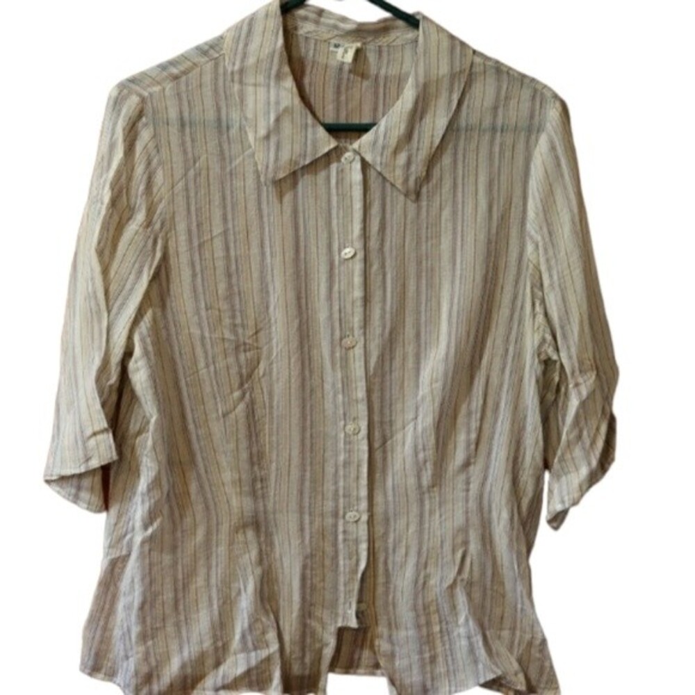 Din Vintage Silk Blend Button Up Sheer Blouse Silk Blend Striped Unique Buttons